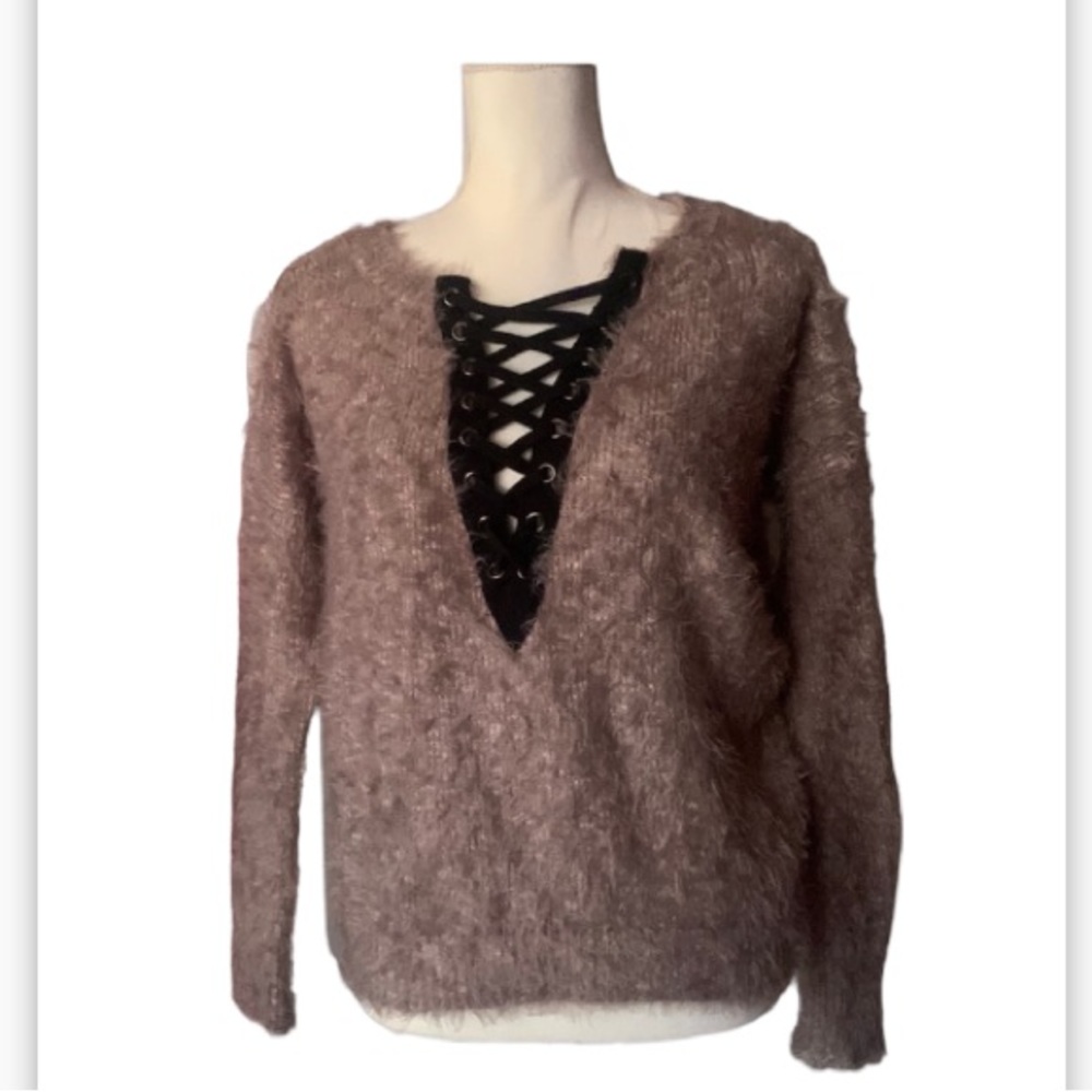 EUC Express soft fuzzy lace up sweater front criss cross size SP